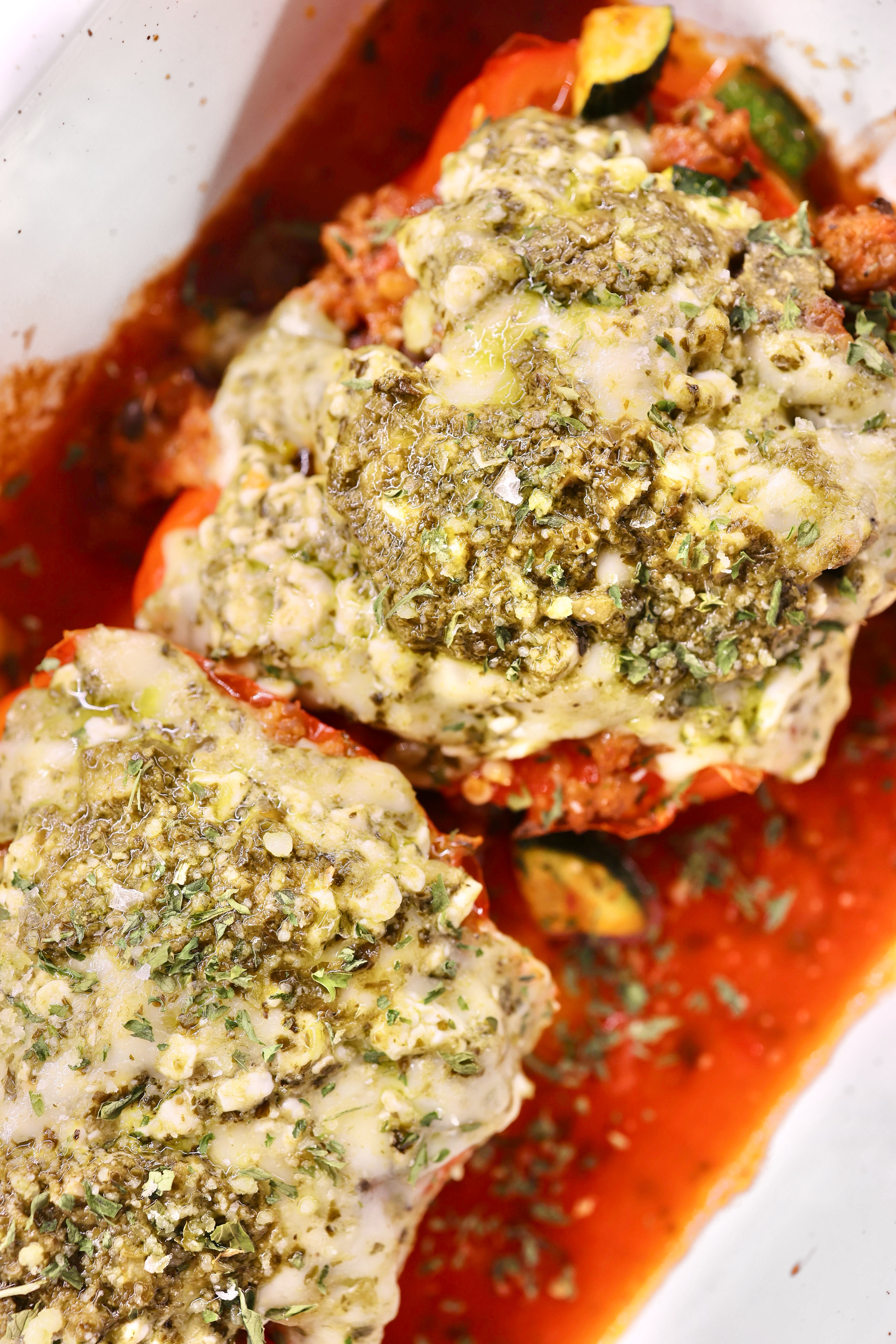 Cheesy Pesto and Sausage Stuffed Peppers