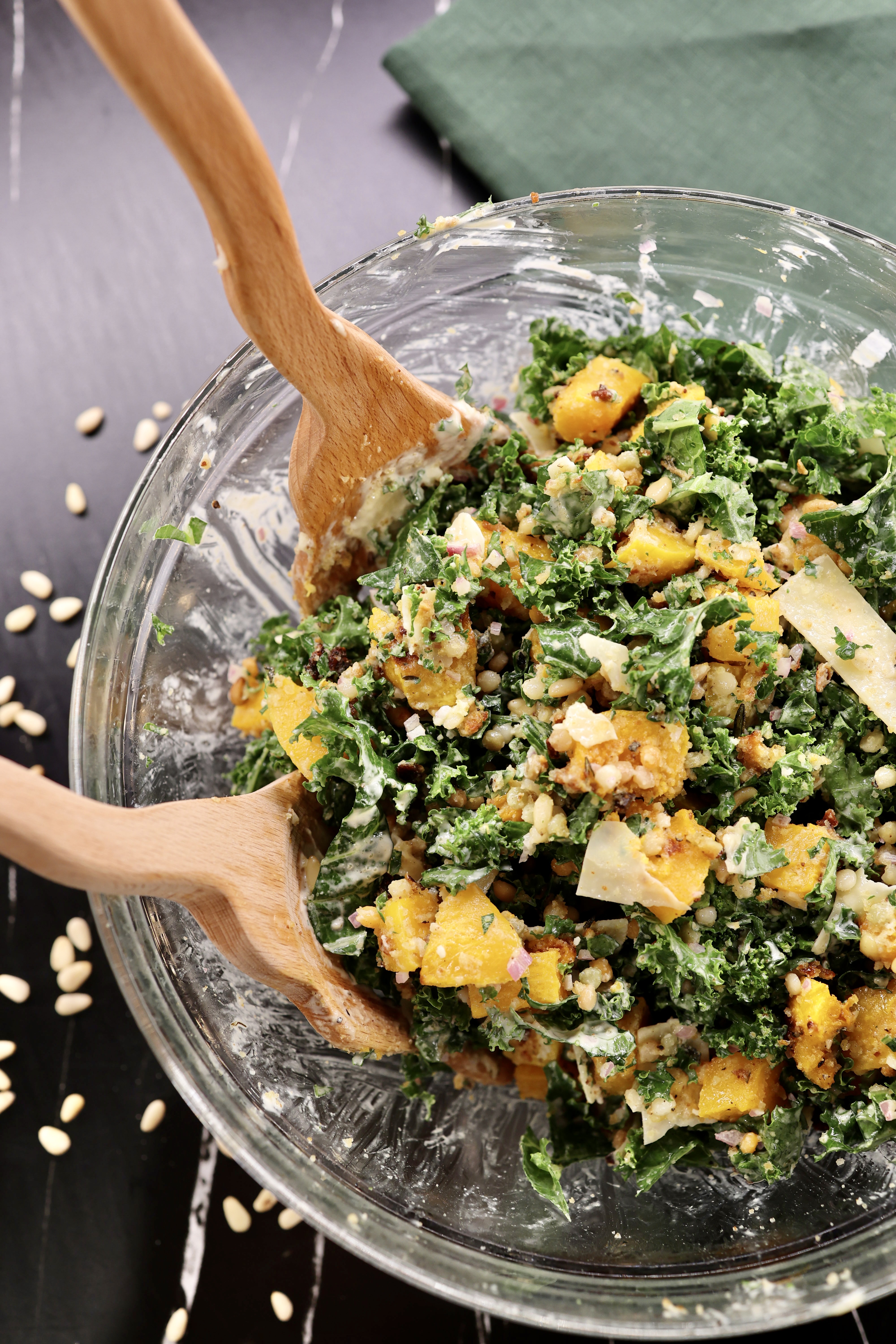 Autumn Kale Caesar Salad with Butternut Squash and Couscous